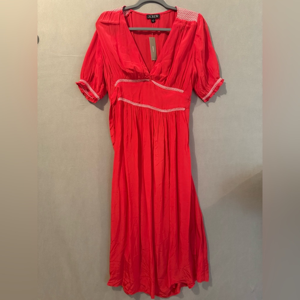 NWT J. Crew Red Smocked-trim midi dress in crepe de chine size 8 - Picture 4 of 6